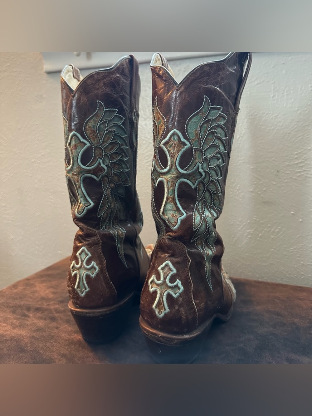 Rock N Soul Couture Embroidered Copper Leather Cowboy Boots Turquoise Accents - Picture 9 of 11